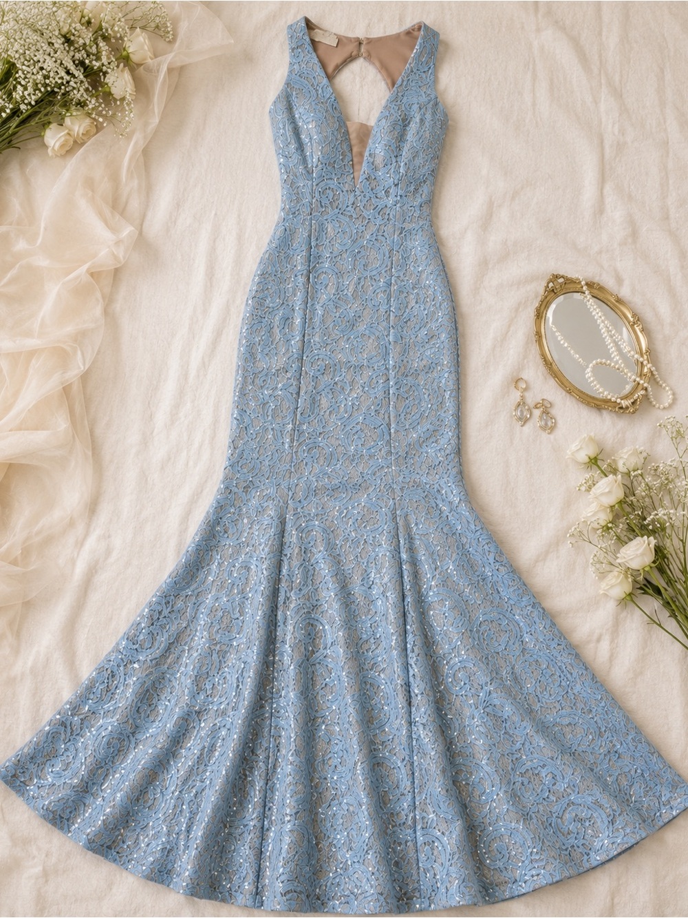Y2k Light Blue Sequin Lace Mermaid Gown Size 5/6 Formal Prom Dress Open Back